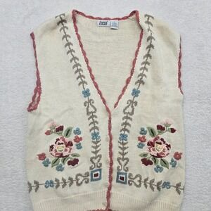 Lucia Vintage Floral Embroidered Knit Sweater Vest Cream Pink Granny Core XL